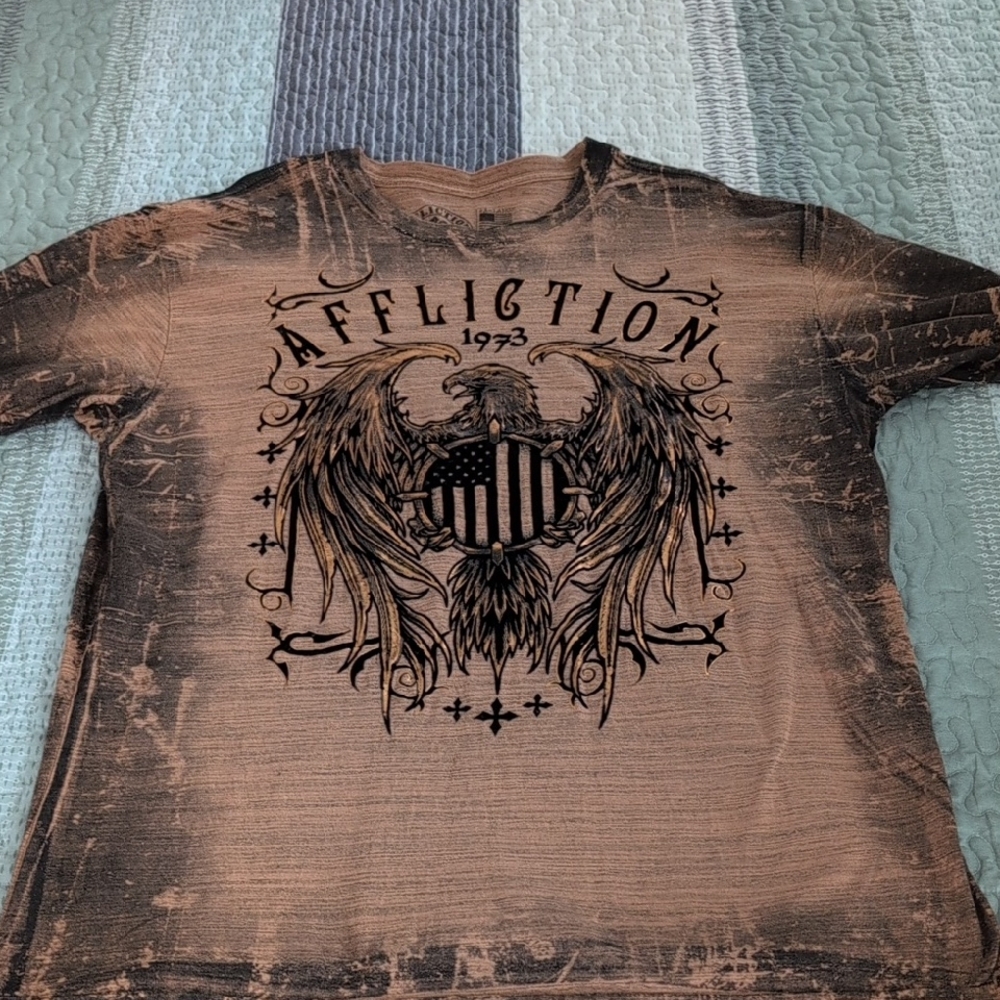 Affliction Distressed Brown T-Shirt with Eagle Graphic